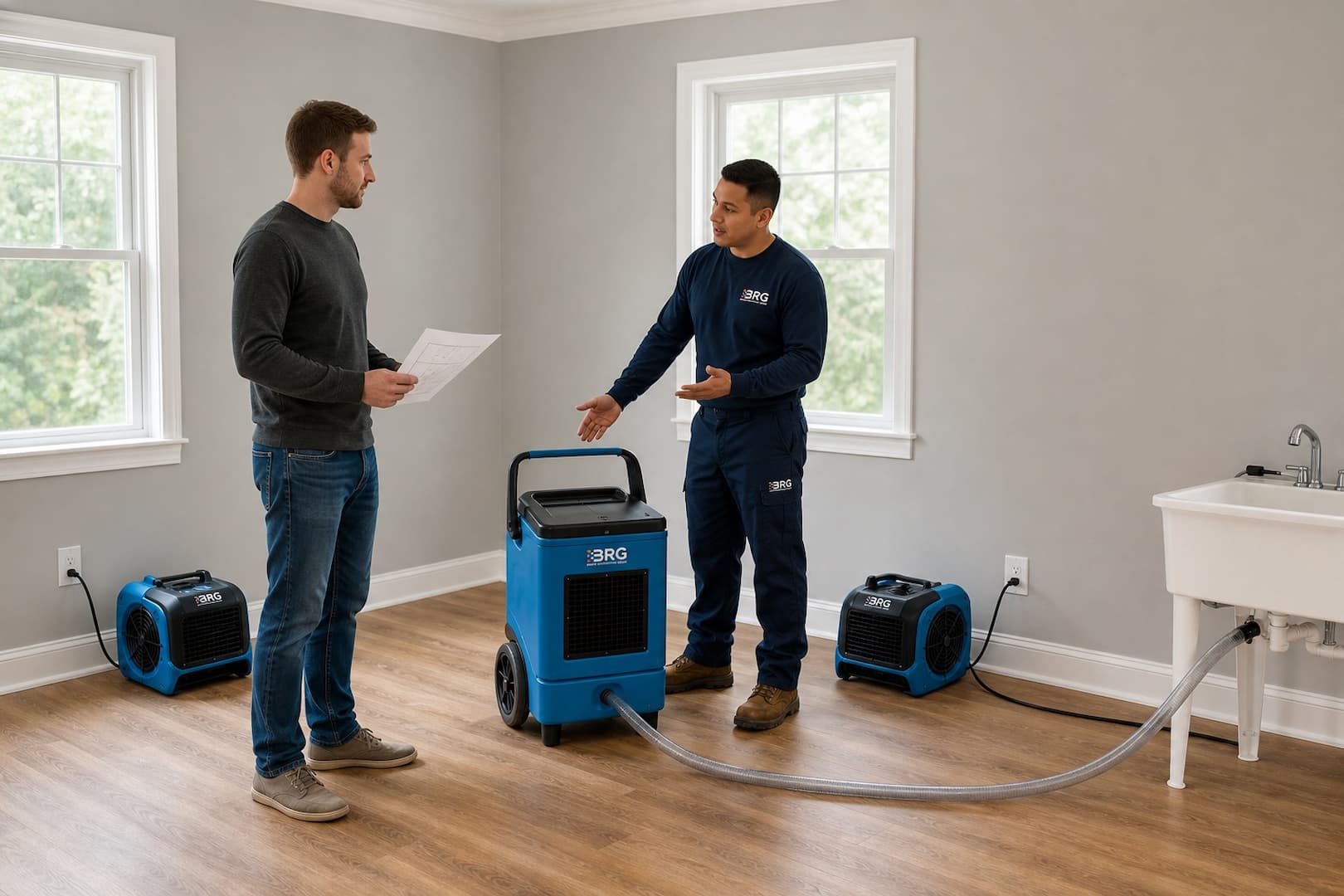 BRG specialist explaining a dehumidifier and air-mover setup to a standing customer