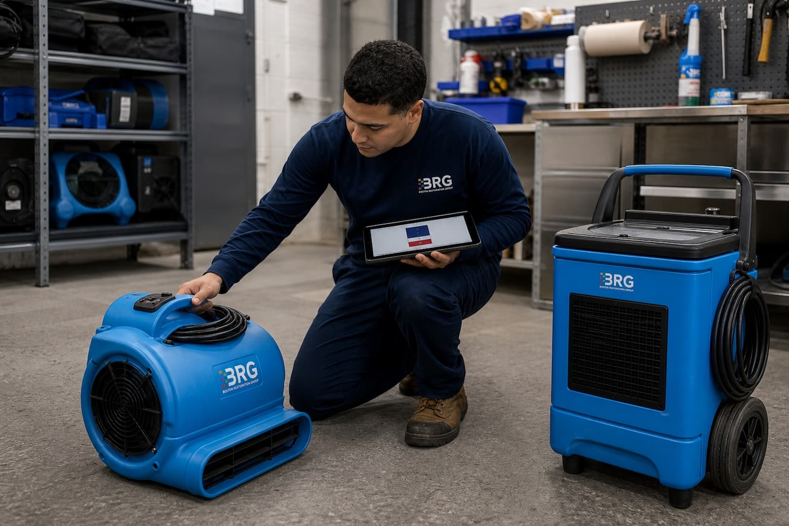 BRG technician inspecting and recording restoration equipment at return