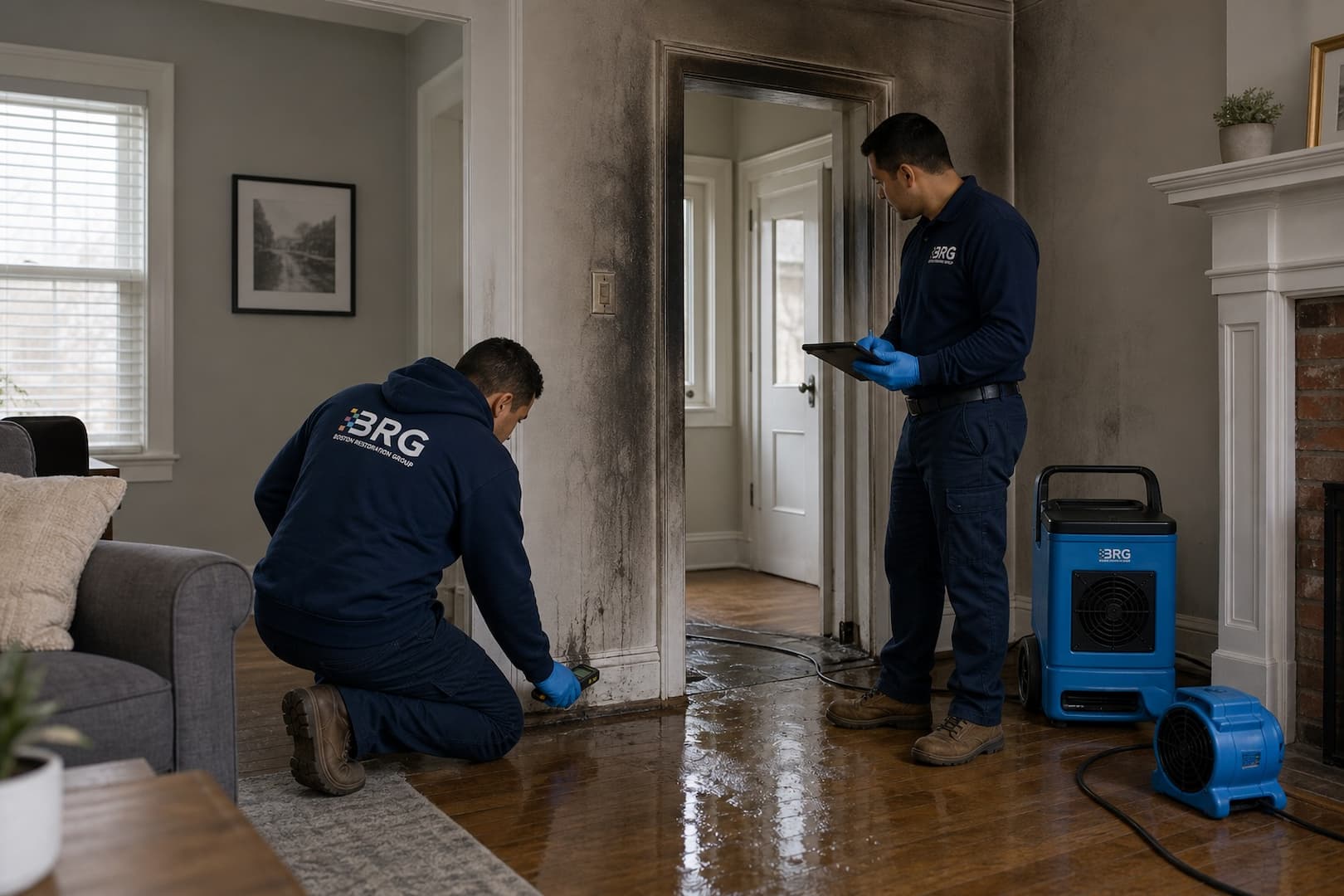 BRG specialists assessing smoke and firefighting water damage after a residential fire