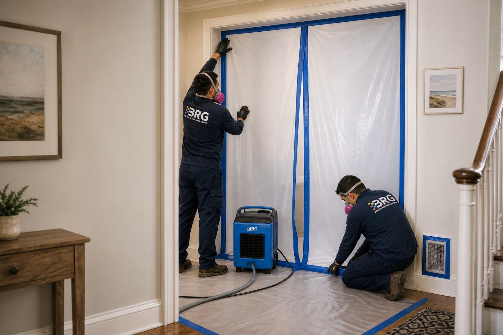 BRG specialists building containment for residential mold remediation