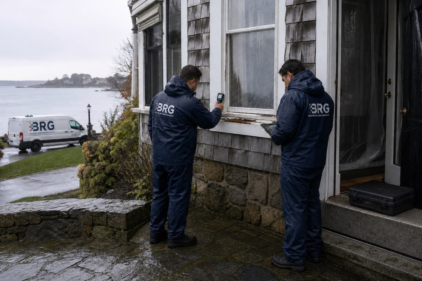 BRG crew assessing wind-driven rain damage at a Greater Boston home