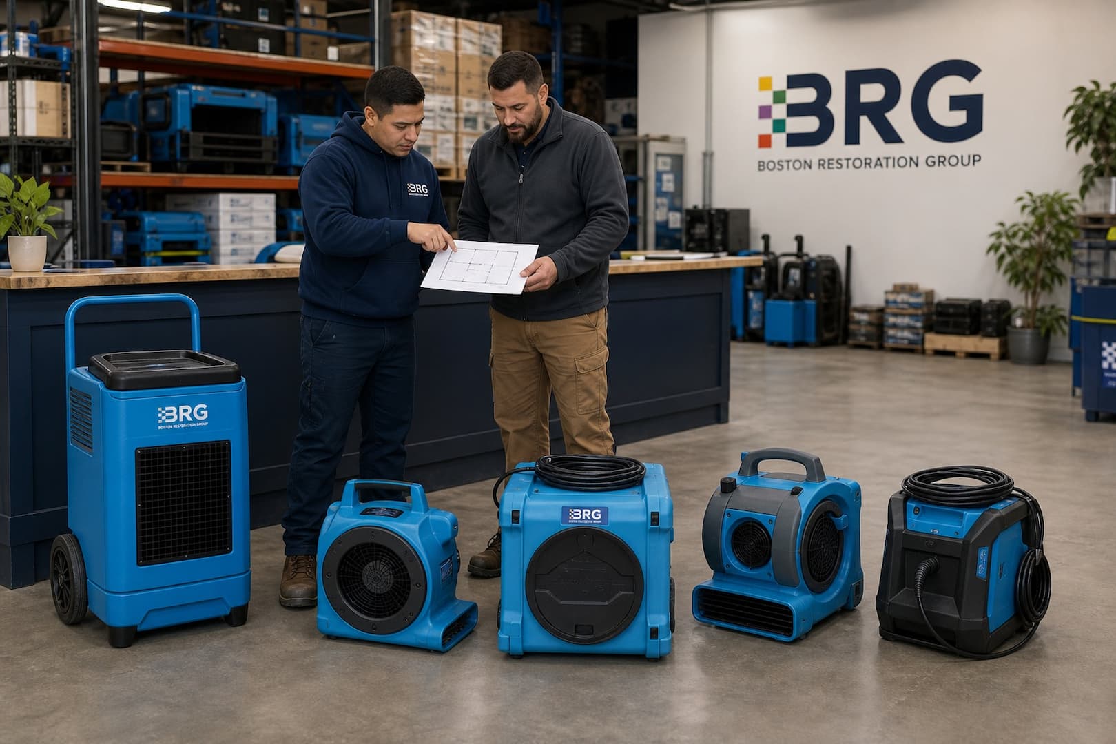 BRG specialist selecting dehumidifiers and air movers for a restoration equipment rental