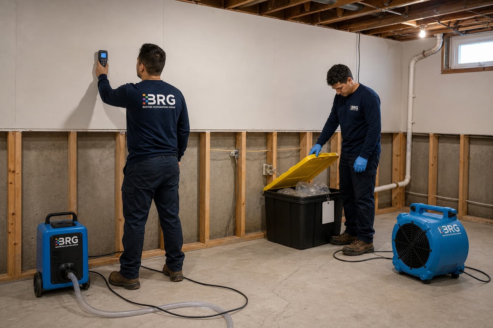 BRG crew monitoring a cleaned basement structure after septic backup removal