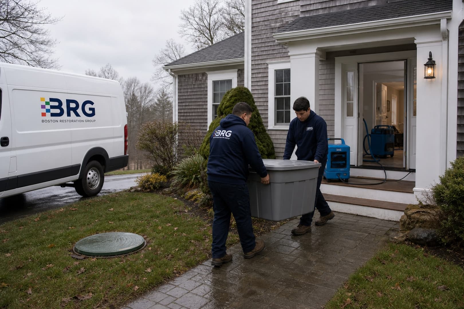 BRG technicians arriving for septic backup cleanup at a Greater Boston home