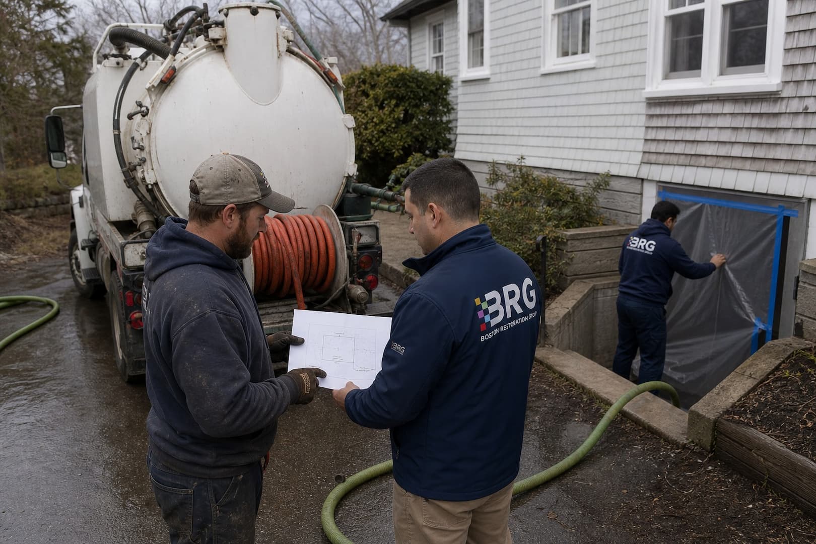 BRG project lead coordinating septic backup cleanup with a septic contractor