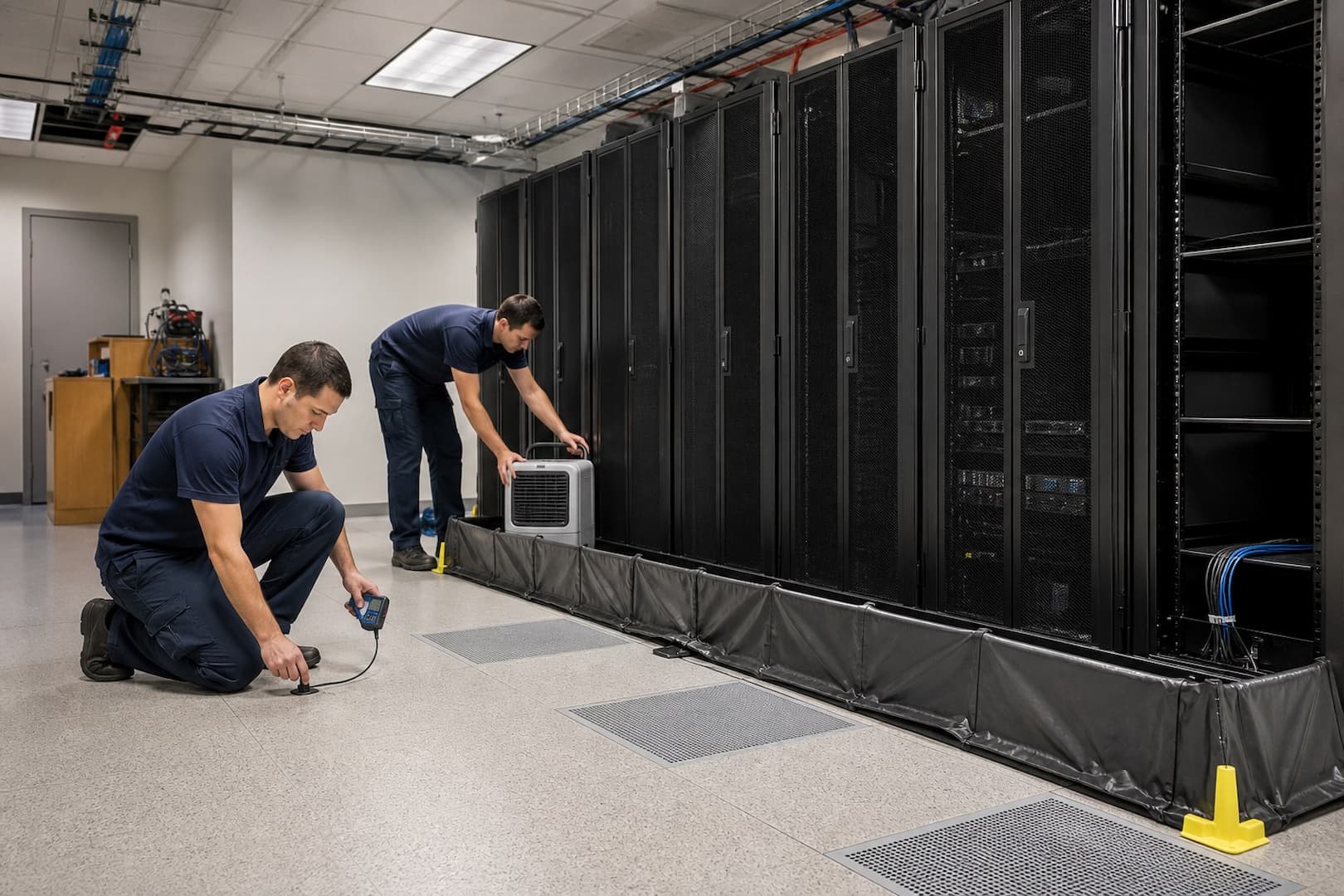 BRG restoration team setting a contained drying zone in a commercial technical room — controlled restoration process