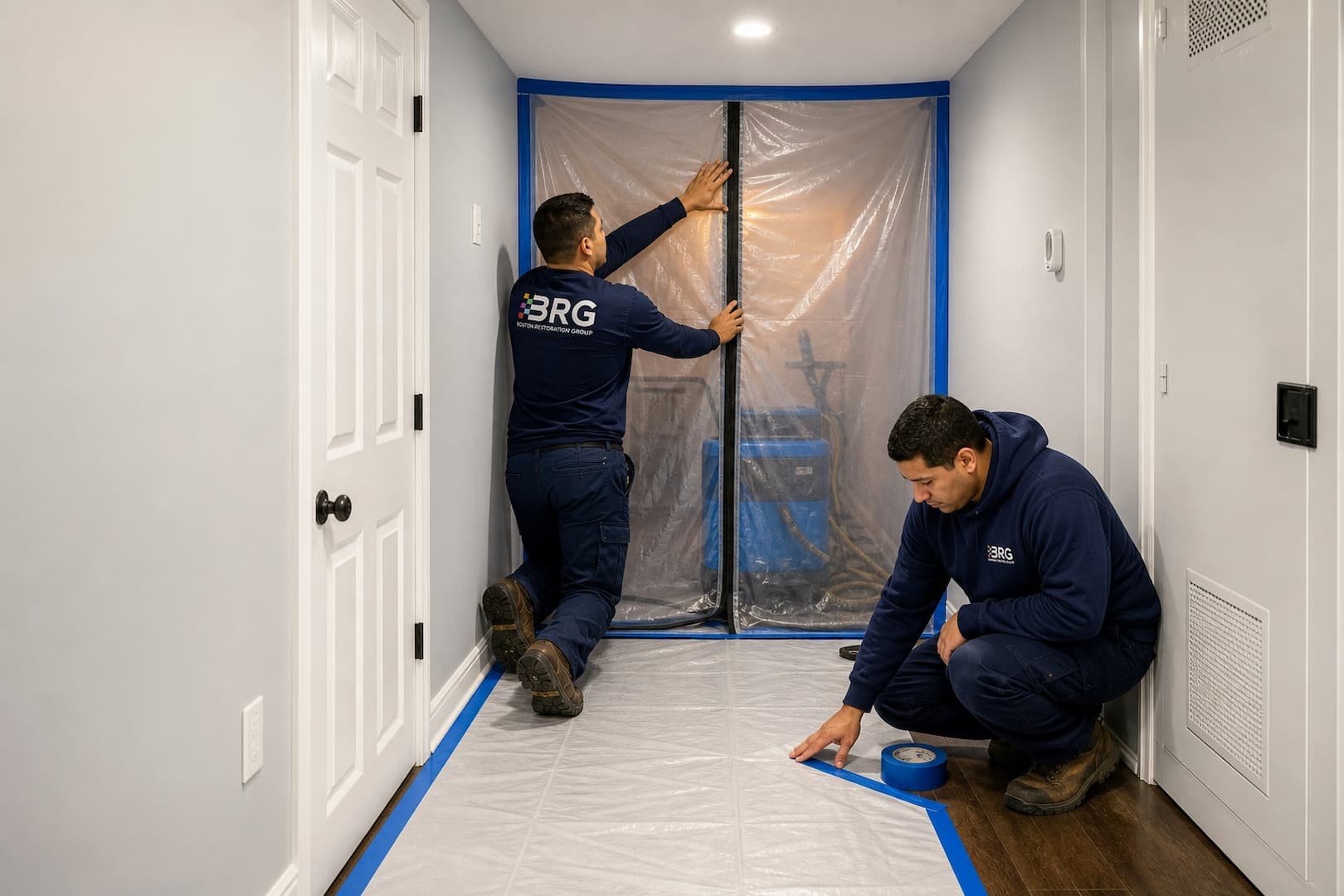 BRG technicians establishing a protected route for sewage cleanup