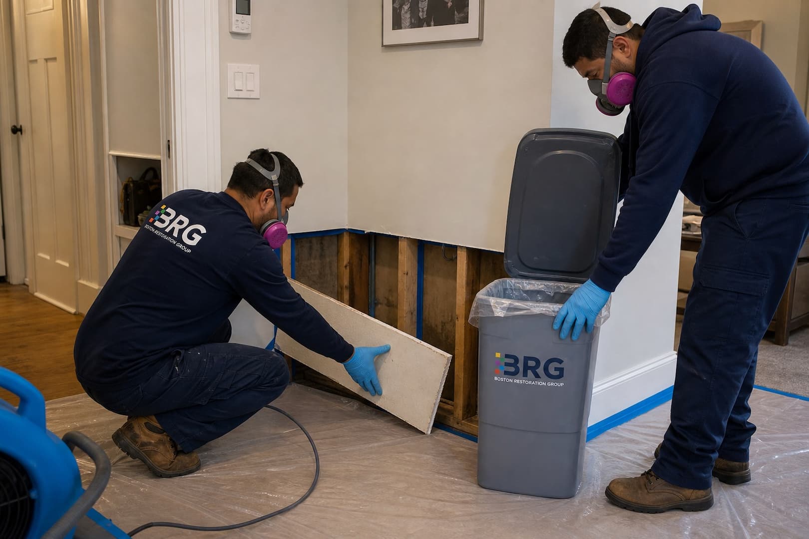 BRG crew performing selective removal of sewage-affected lower wall materials