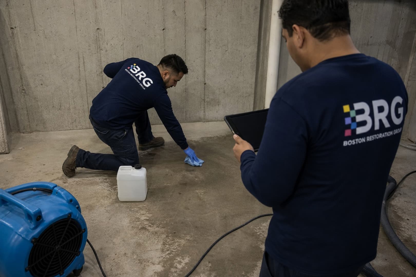 BRG technician cleaning an exposed hard surface after sewage removal