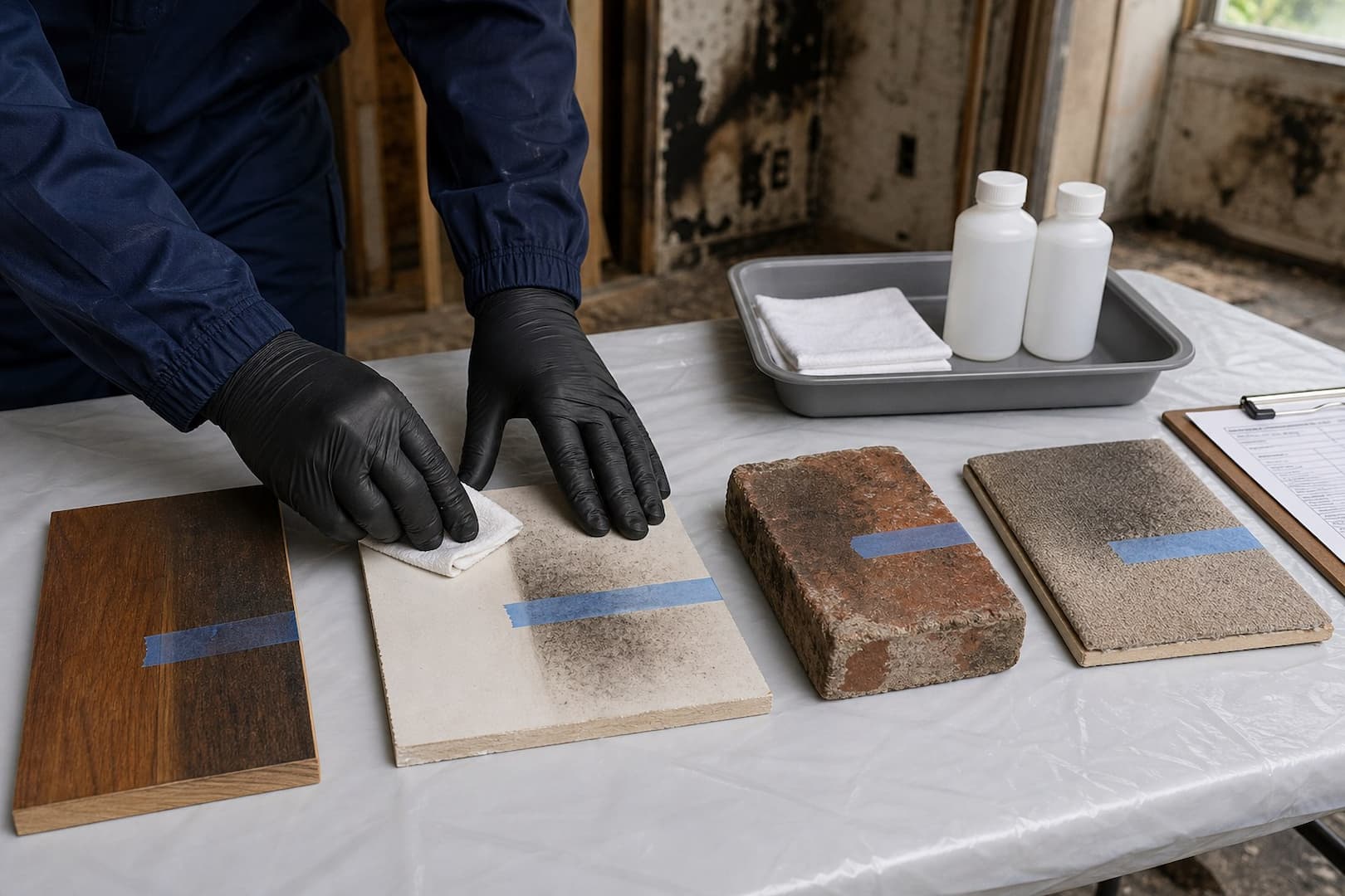 Controlled smoke odor cleaning tests on wood paint textile and masonry