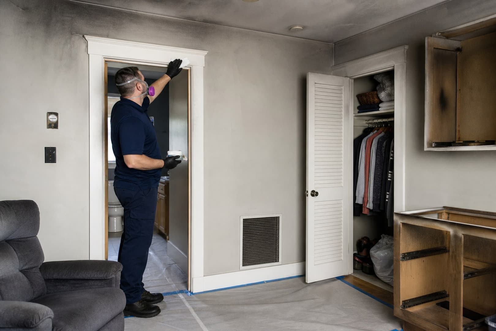 Room and material map of smoke odor reservoirs after a house fire