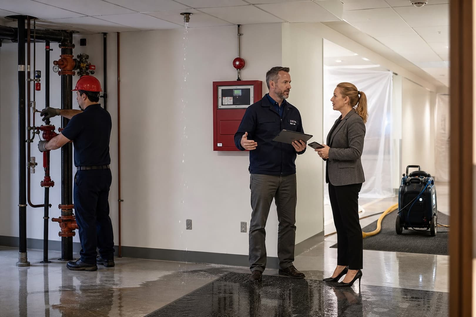 Fire sprinkler discharge response coordinated by fire protection building and restoration teams