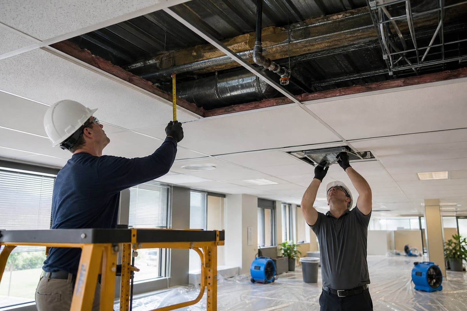 Assessment of sprinkler water above ceiling tile and building services