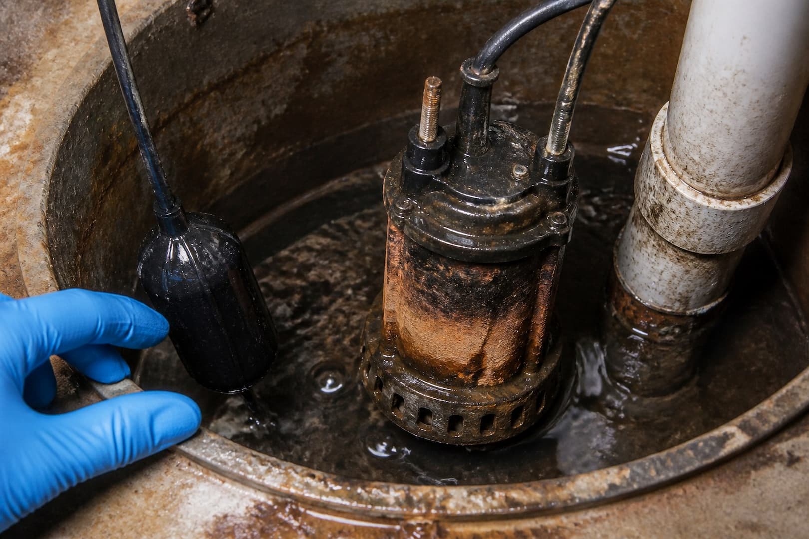 BRG water restoration team preparing to extract a basement after sump-pump failure — close technical detail
