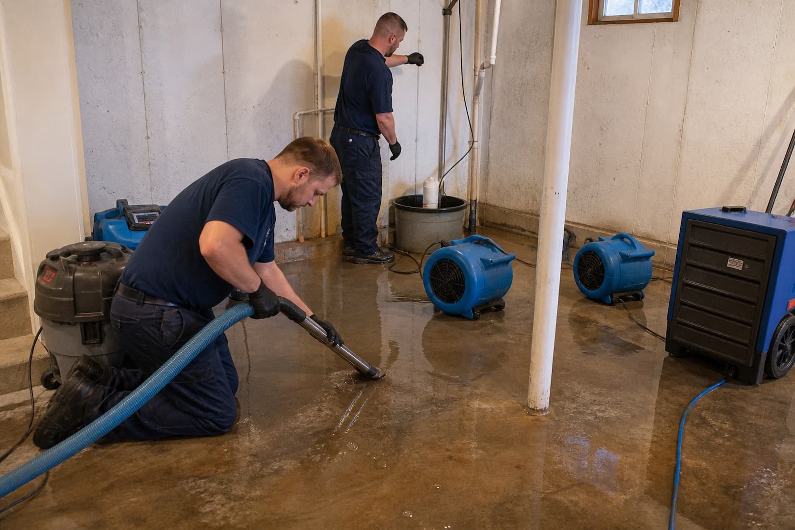 BRG water restoration team preparing to extract a basement after sump-pump failure — controlled restoration process