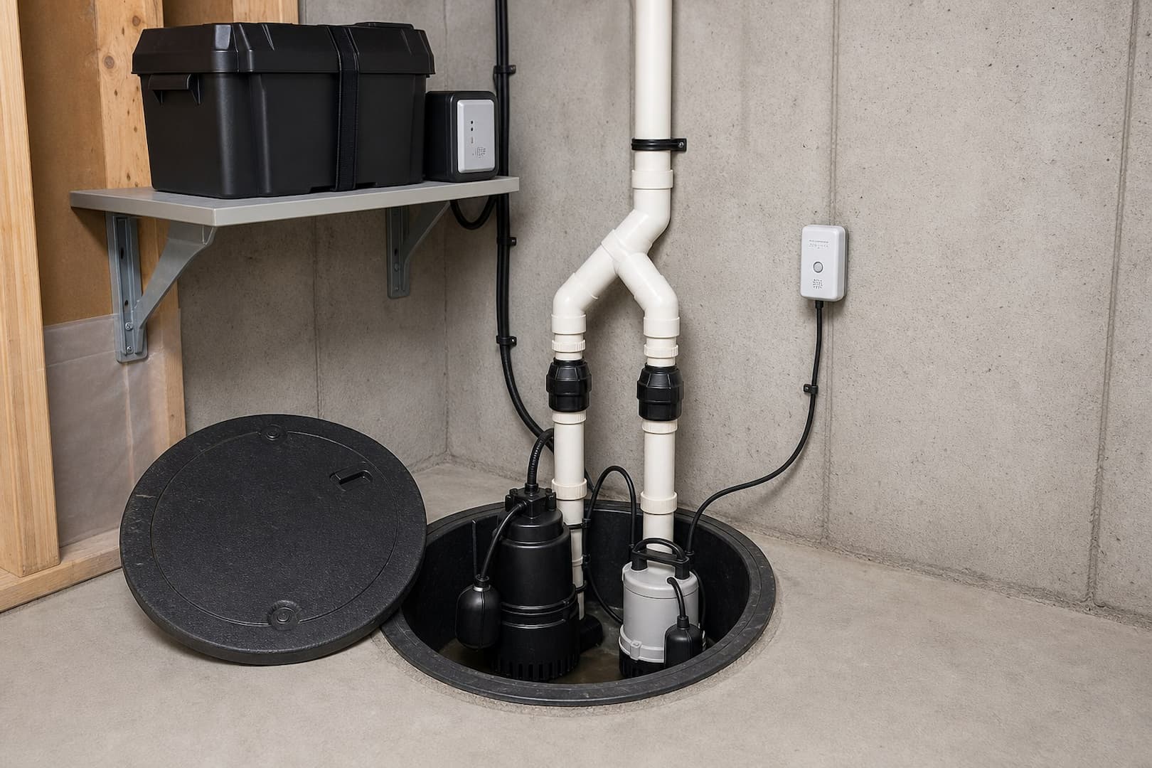 Primary and backup sump pump redundancy with independent power alarm and discharge review