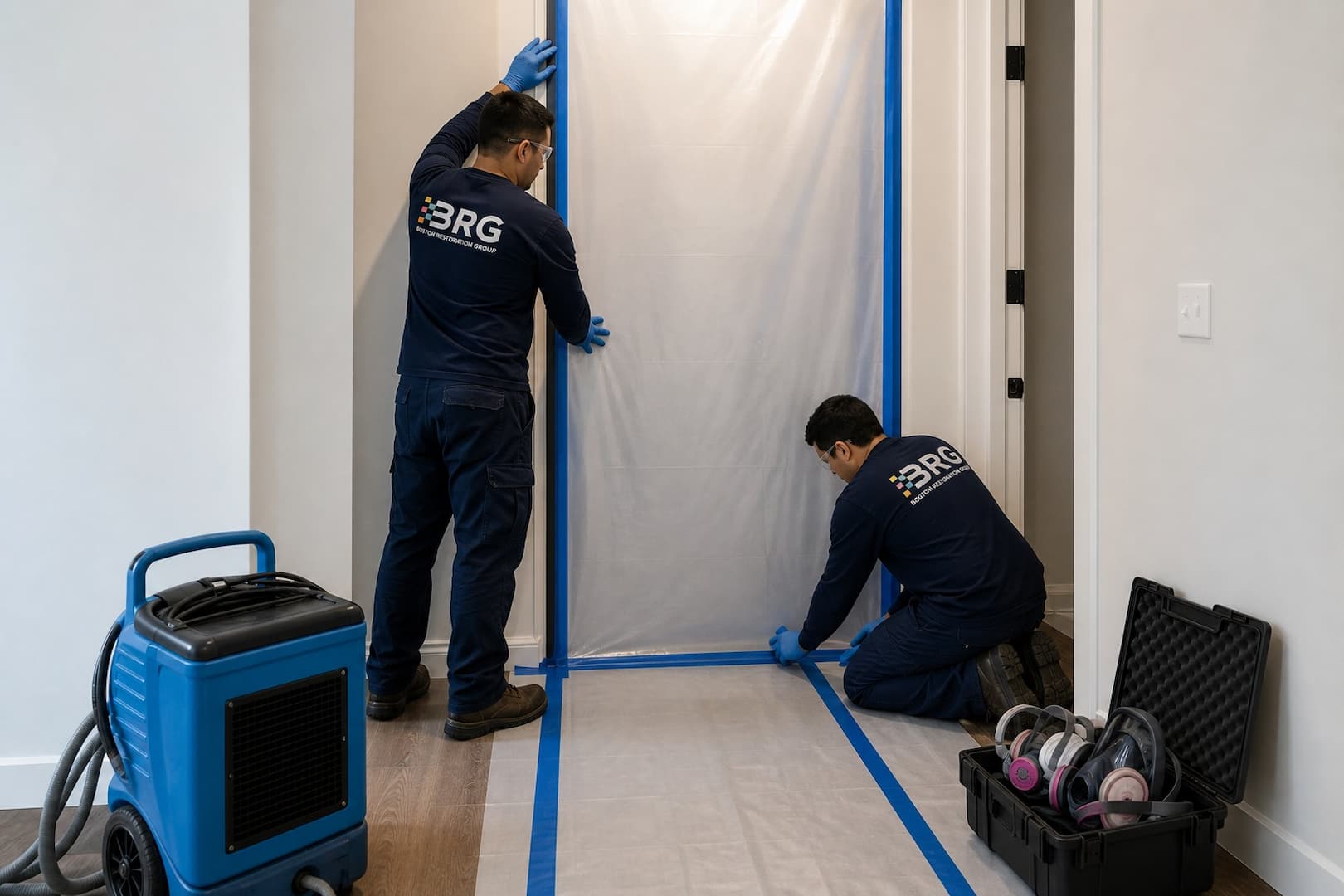 BRG specialists establishing privacy containment for trauma cleanup