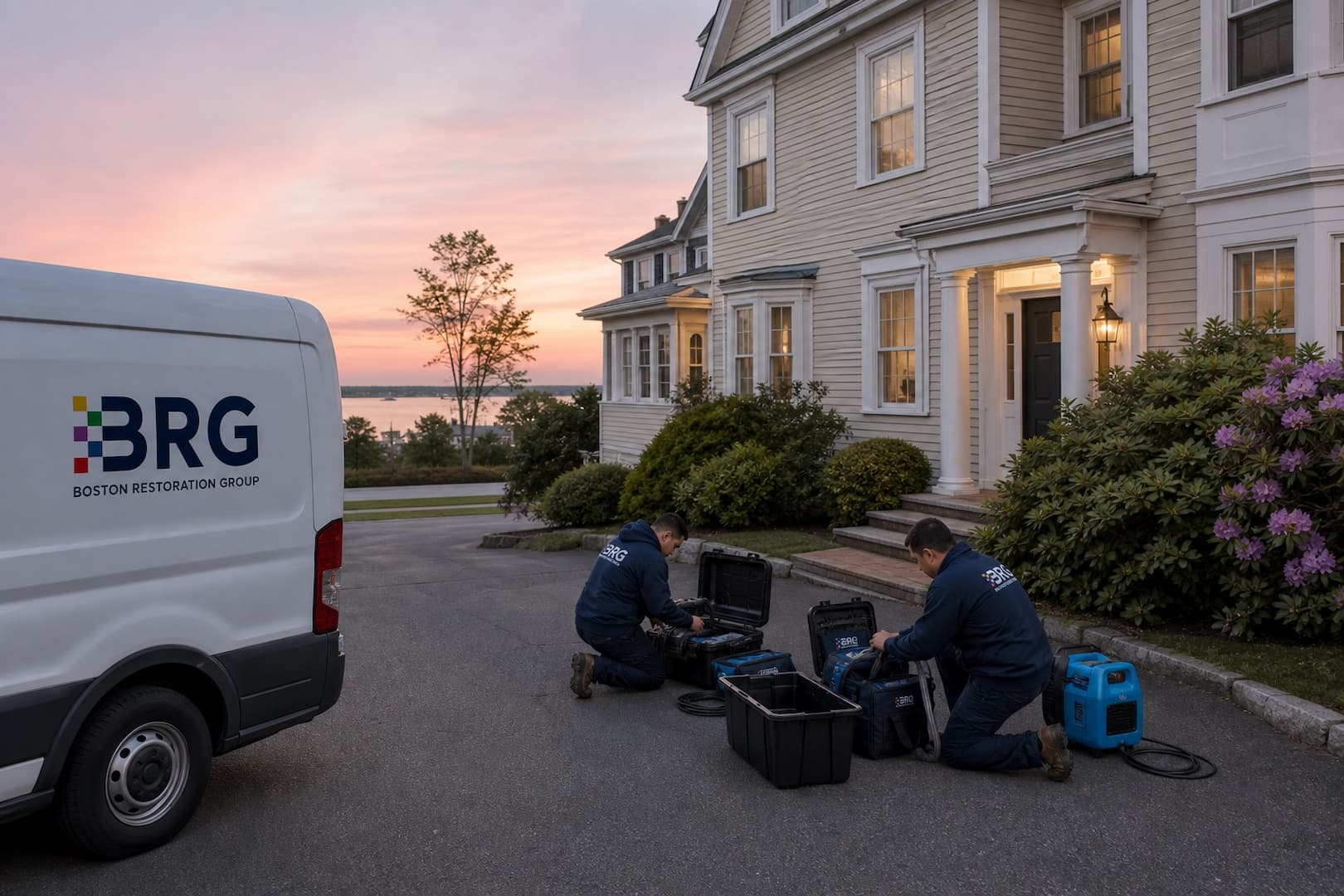 BRG trauma cleanup specialists preparing sealed supplies outside a private property
