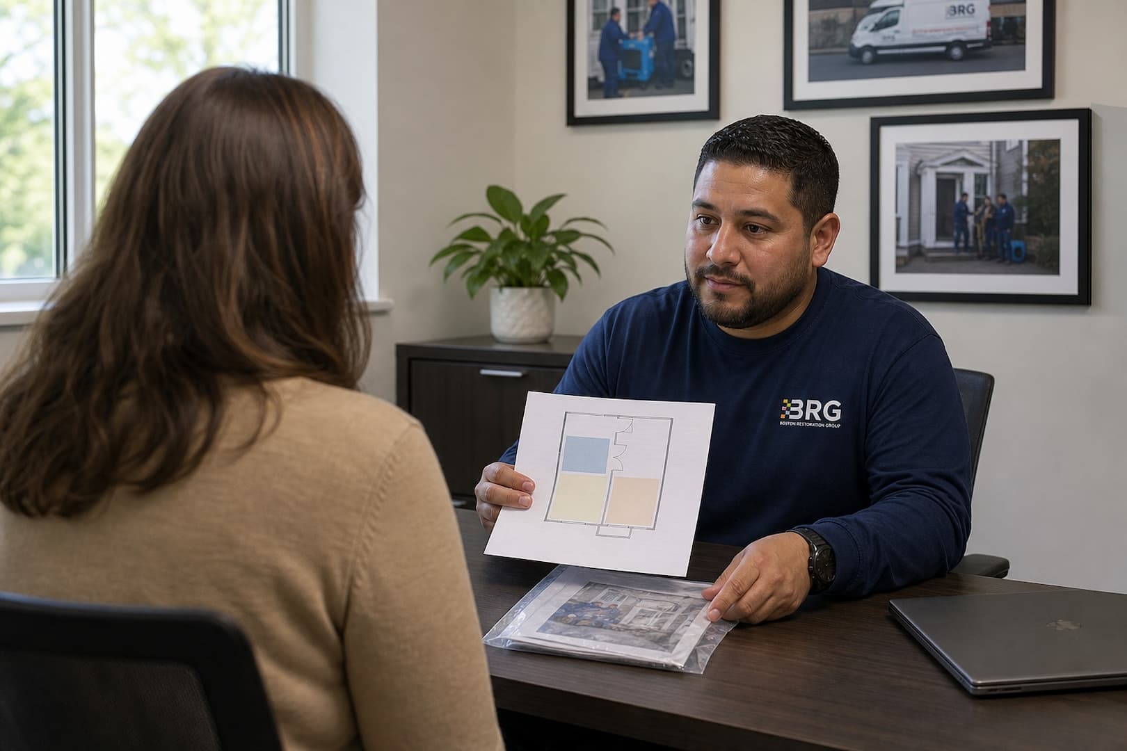 BRG project lead reviewing a discreet trauma cleanup completion record