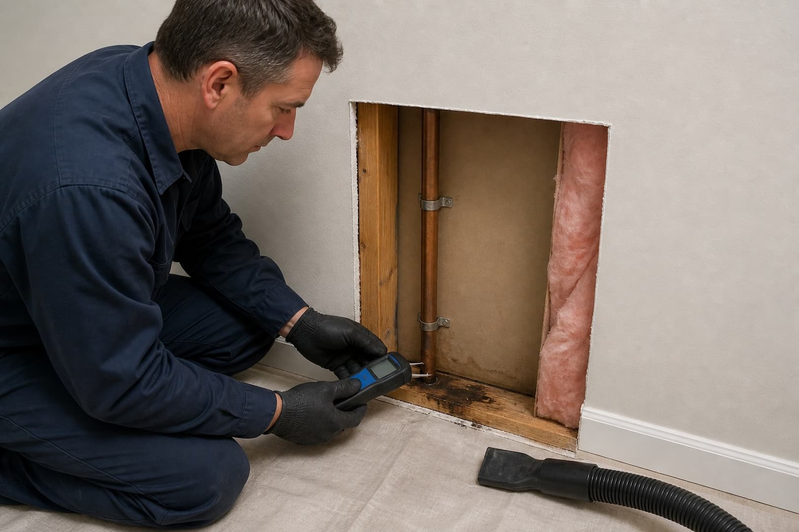 Cutaway view of a selectively opened wall showing wet insulation sill plate pipes and dry comparison zones