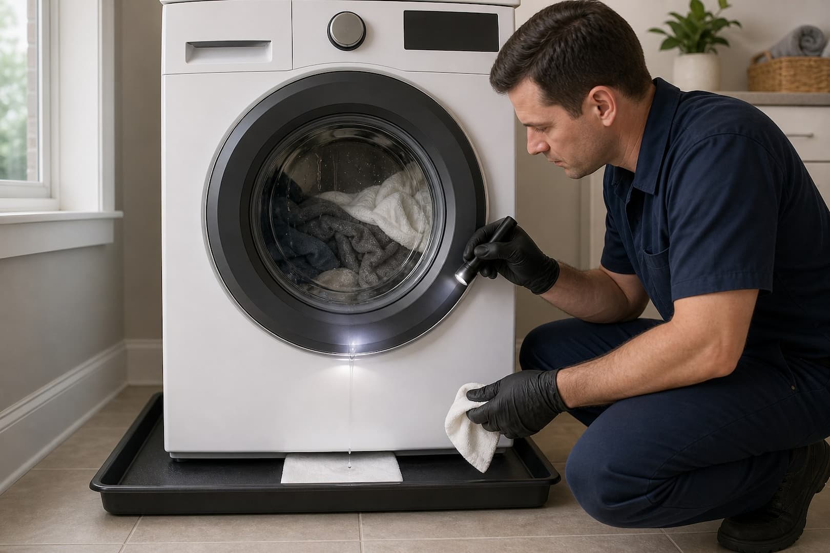 Technician tracing a washing machine leak to the exact operating phase and connection