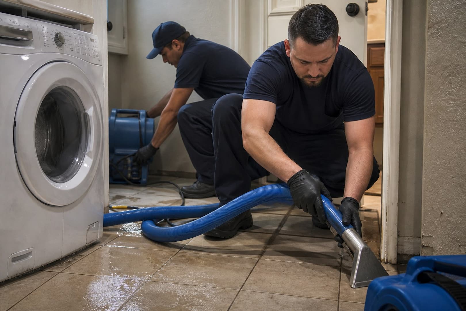 BRG technician measuring moisture in flooring after a washing-machine overflow — controlled restoration process