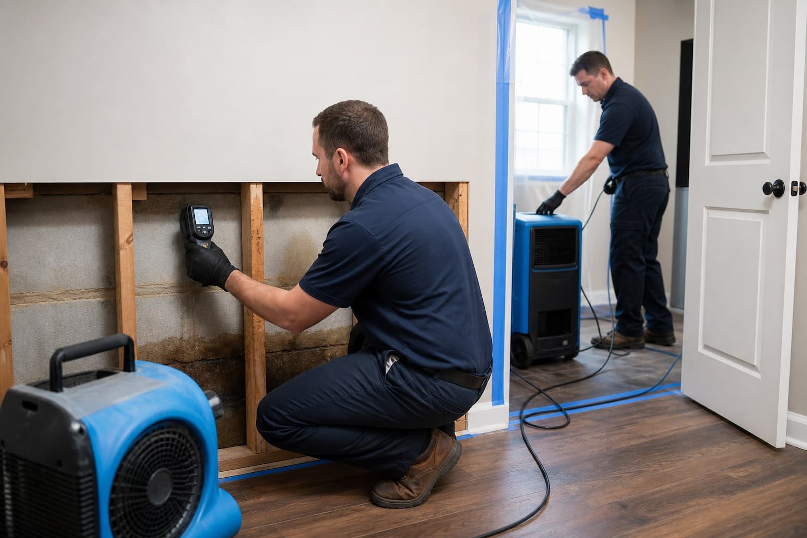 BRG technician using moisture tools to inspect possible water damage behind a wall — controlled restoration process