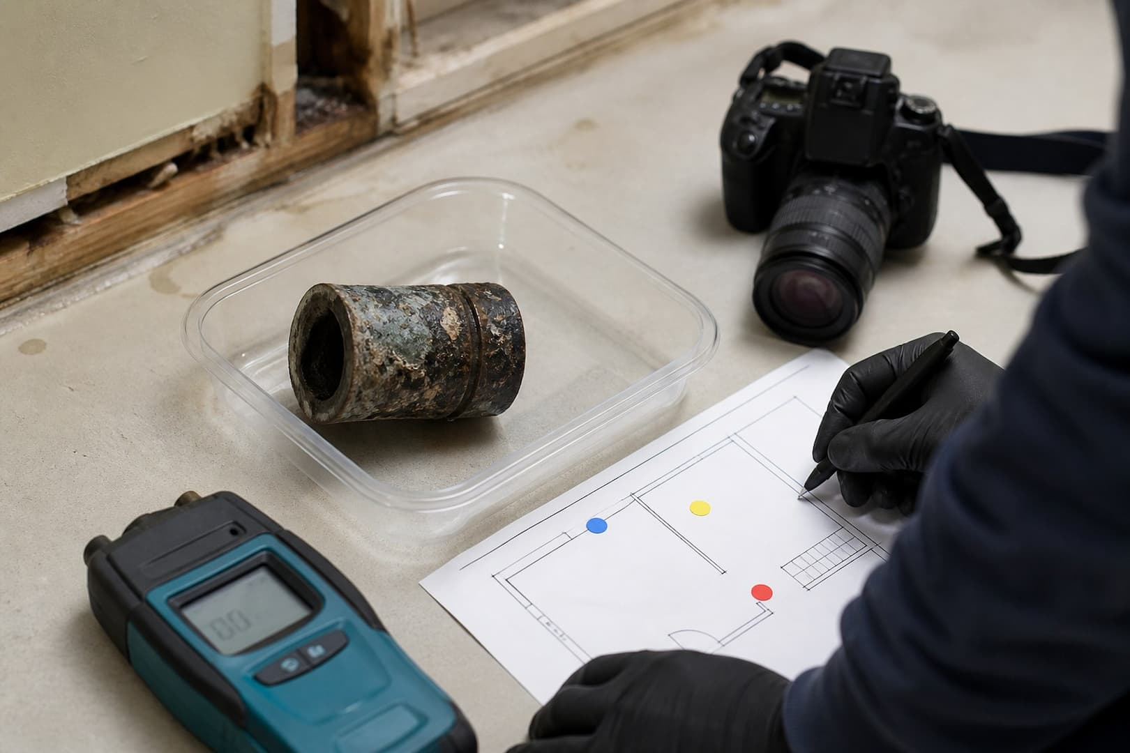 BRG restoration professional documenting moisture readings and affected materials for a water loss — close technical detail