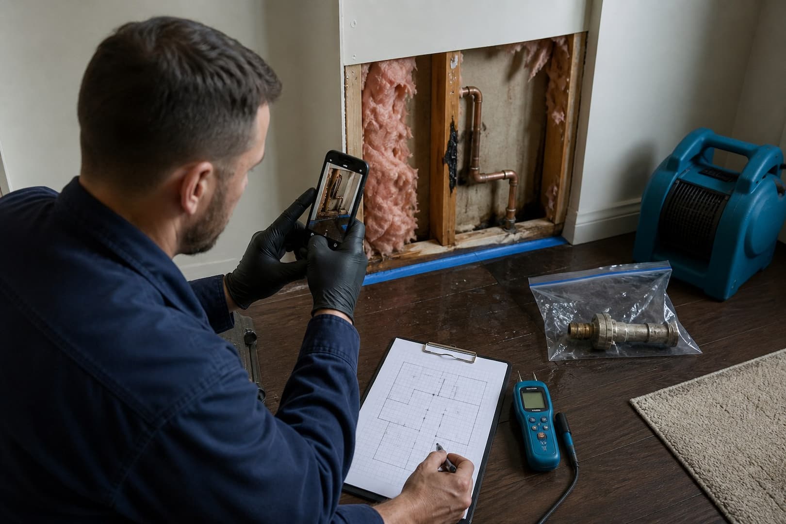 BRG restoration professional documenting moisture readings and affected materials for a water loss — controlled restoration process