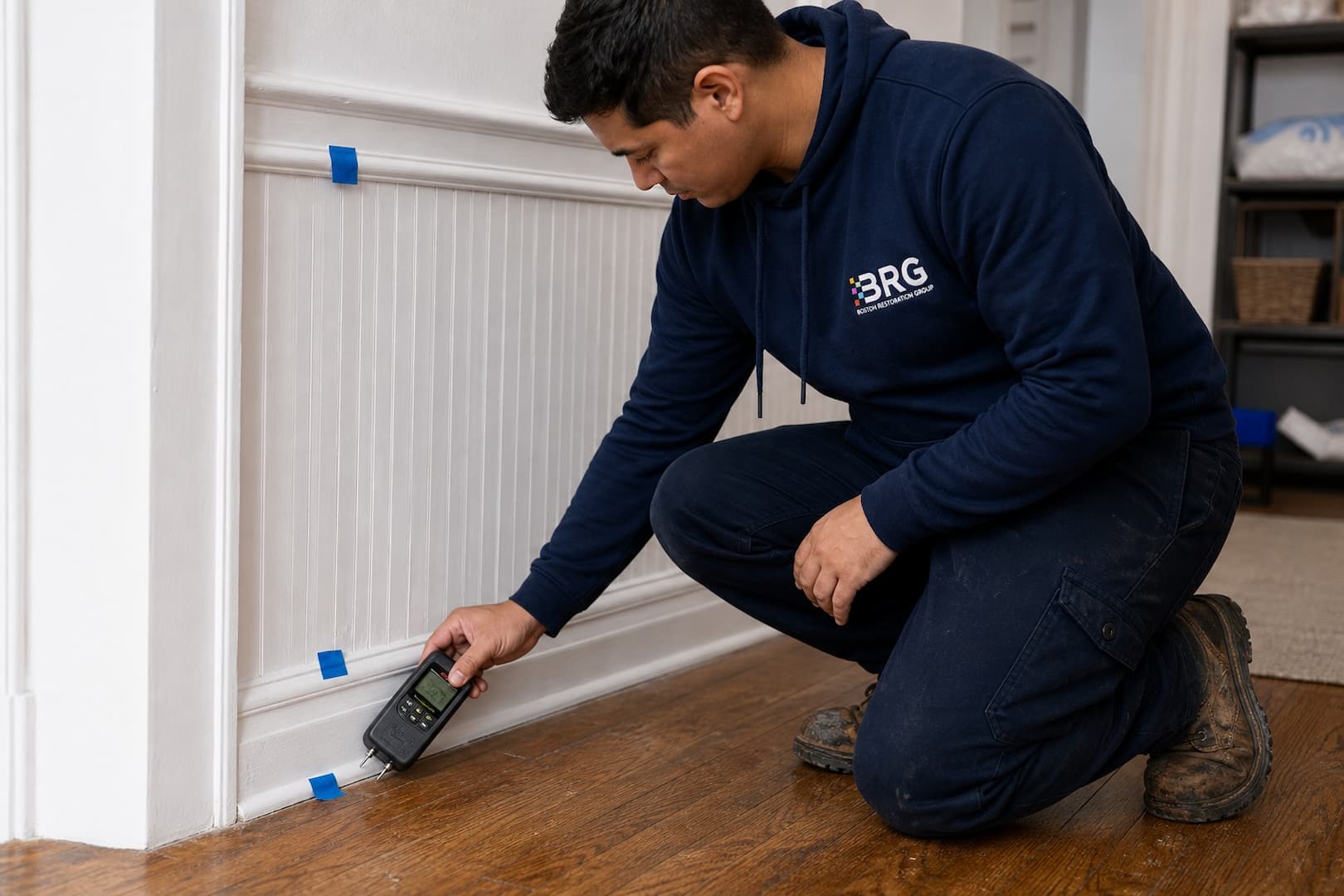 BRG technician comparing moisture readings in flooring and lower wall materials