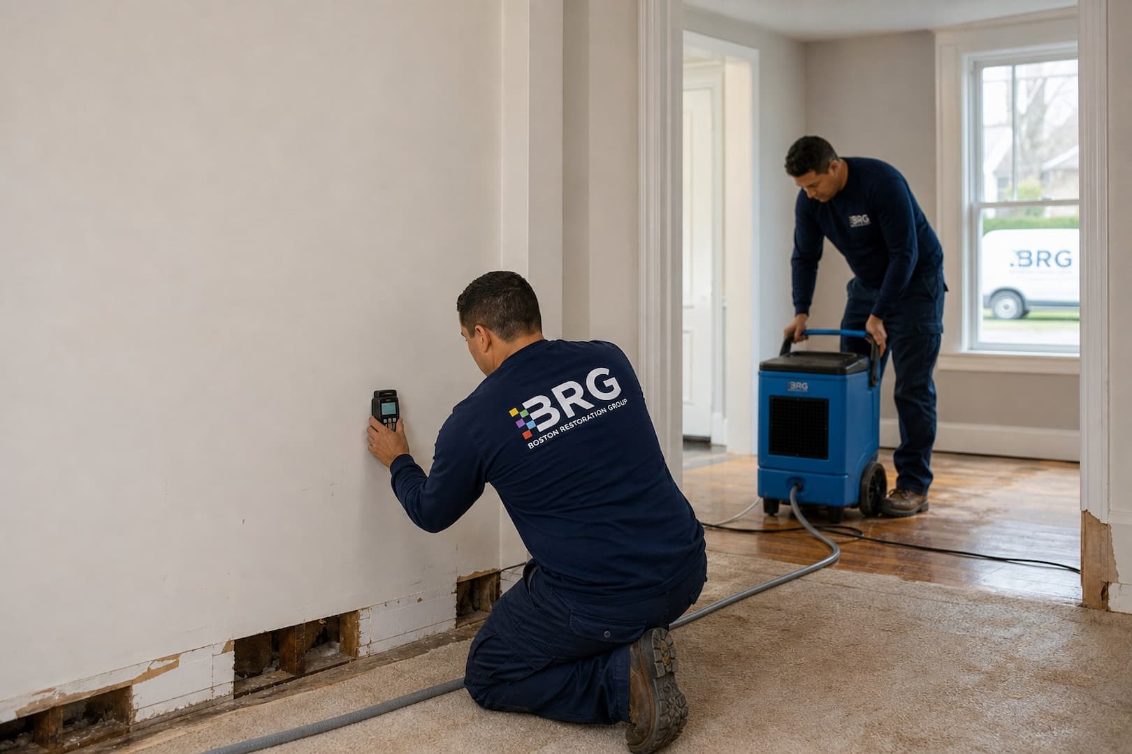 BRG water damage crew assessing connected rooms in a Greater Boston home