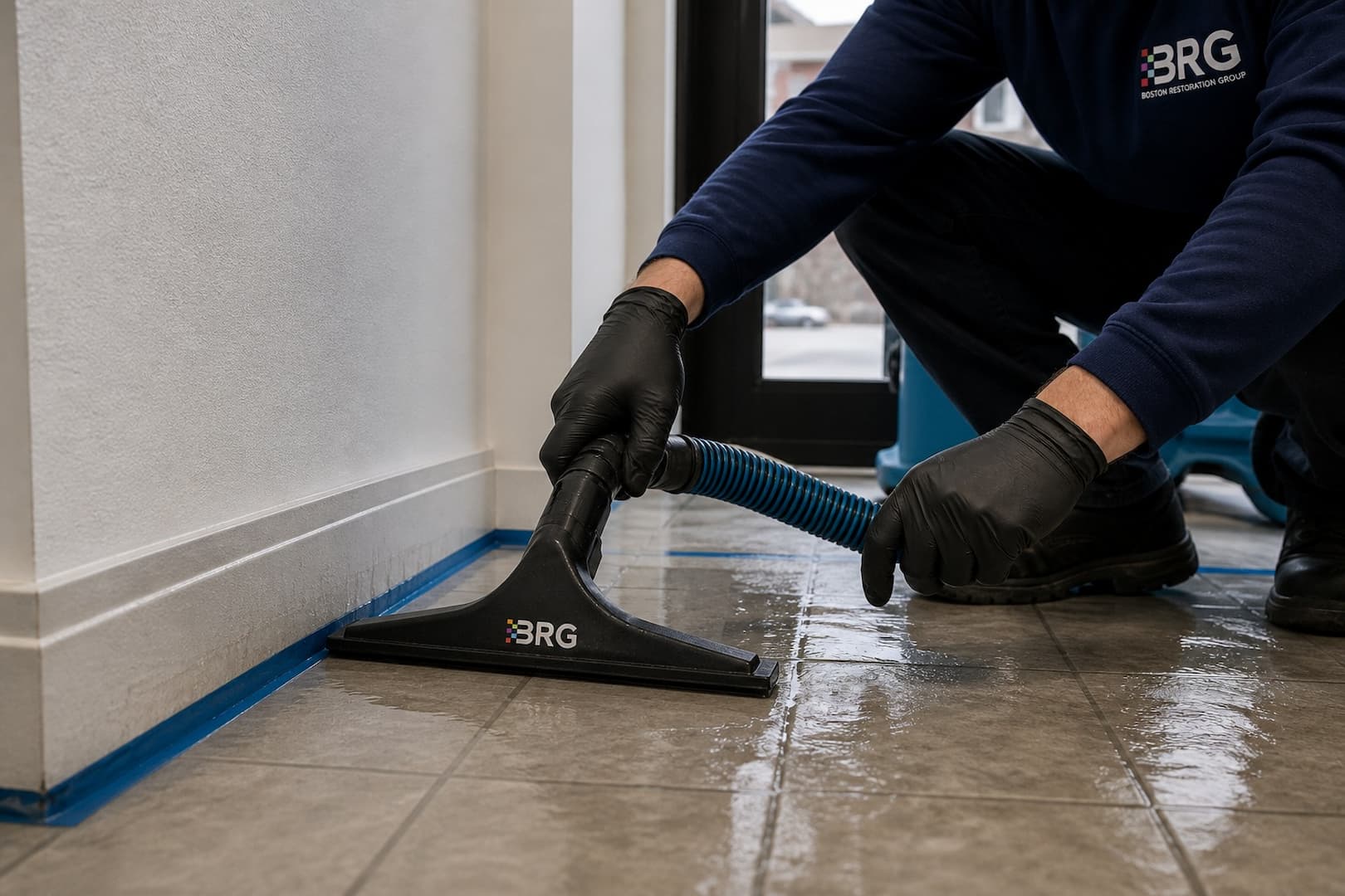 BRG specialist extracting water along a hard-floor perimeter