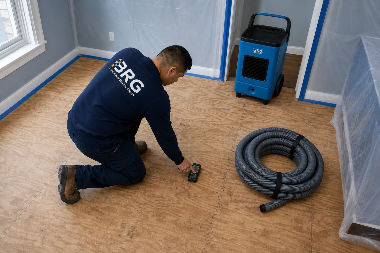 BRG technician checking subfloor moisture after water extraction