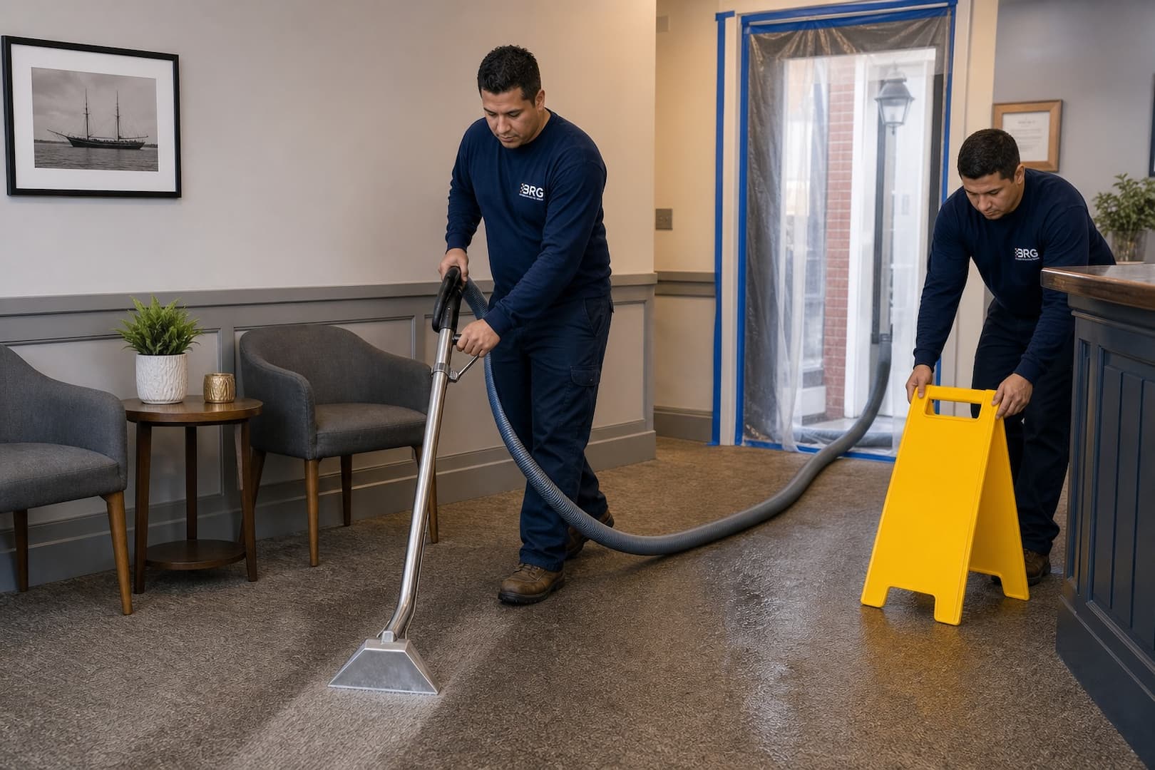 BRG technician operating water extraction equipment in a Boston-area property