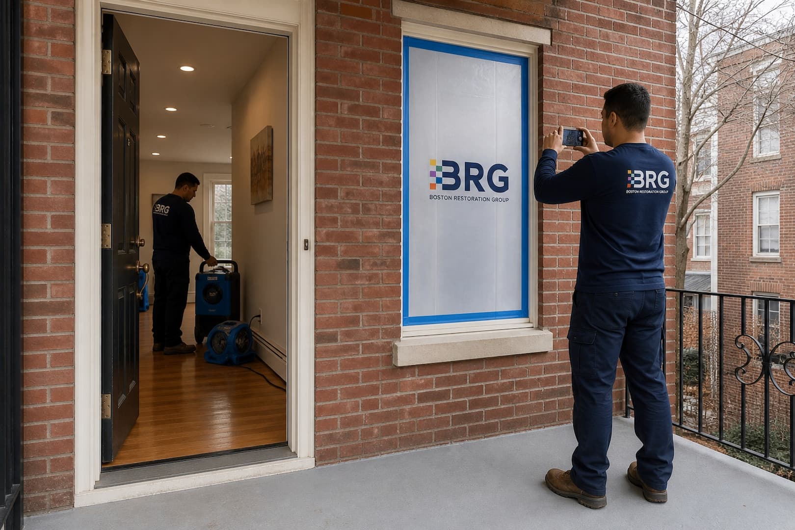 BRG technicians documenting temporary window protection and interior drying after a storm