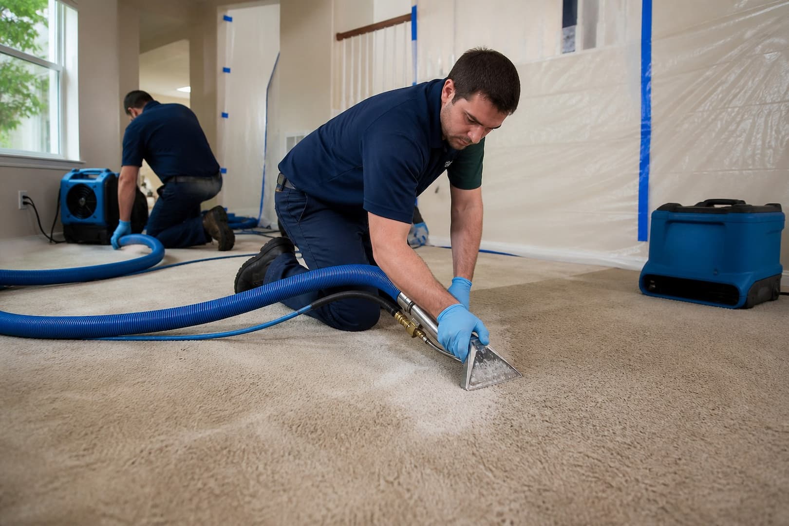 BRG technician extracting water from carpet while assessing pad and subfloor — controlled restoration process