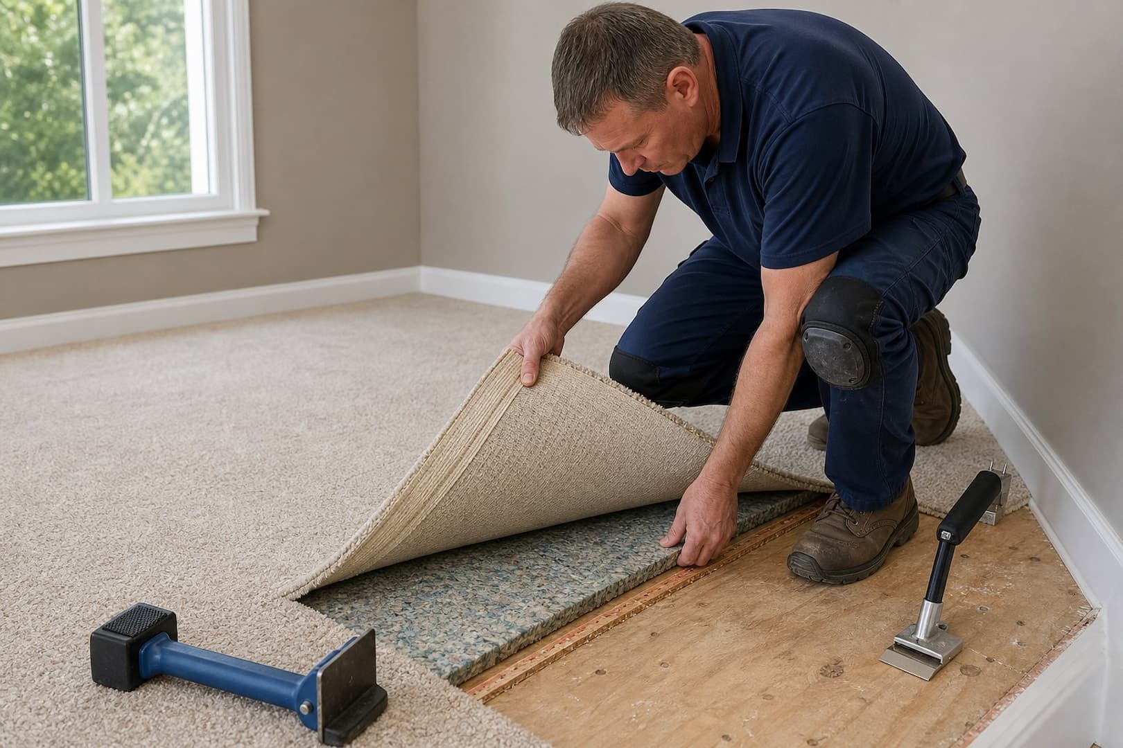 Restoration technician lifting a carpet edge to inspect backing pad tack strip and subfloor