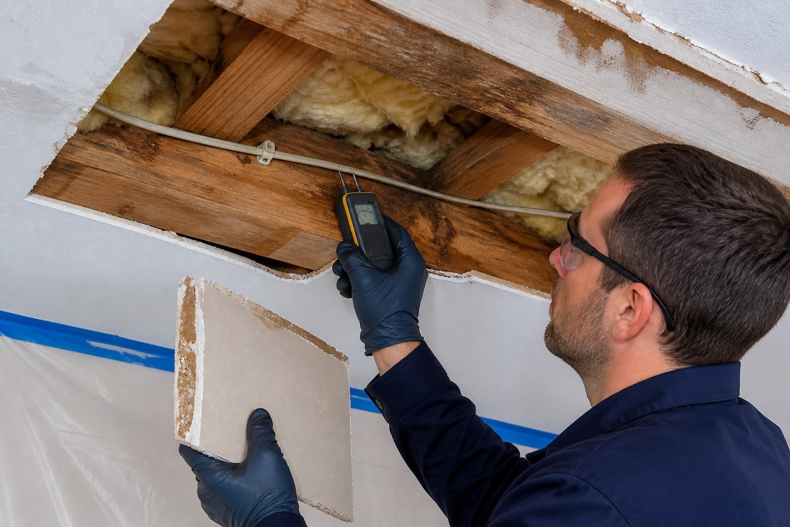 Layer-by-layer assessment of wet ceiling drywall insulation framing and wiring