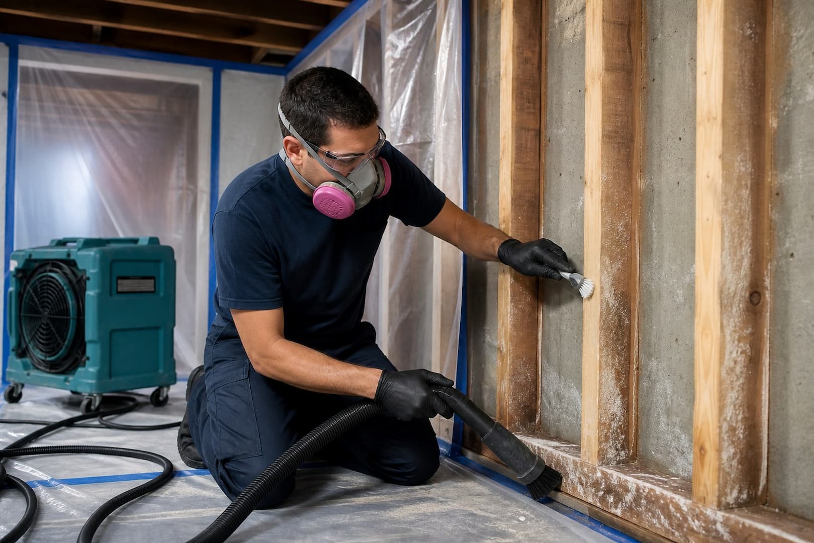 BRG specialist checking moisture near pale wall discoloration — controlled restoration process
