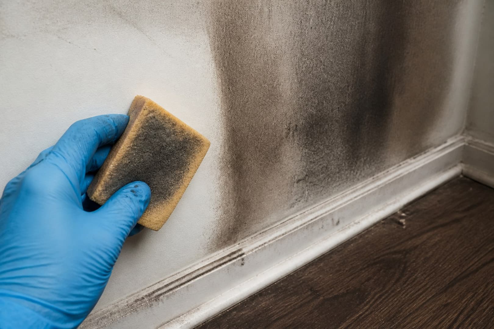 BRG fire restoration team cleaning smoke residue in a home before odor treatment — close technical detail