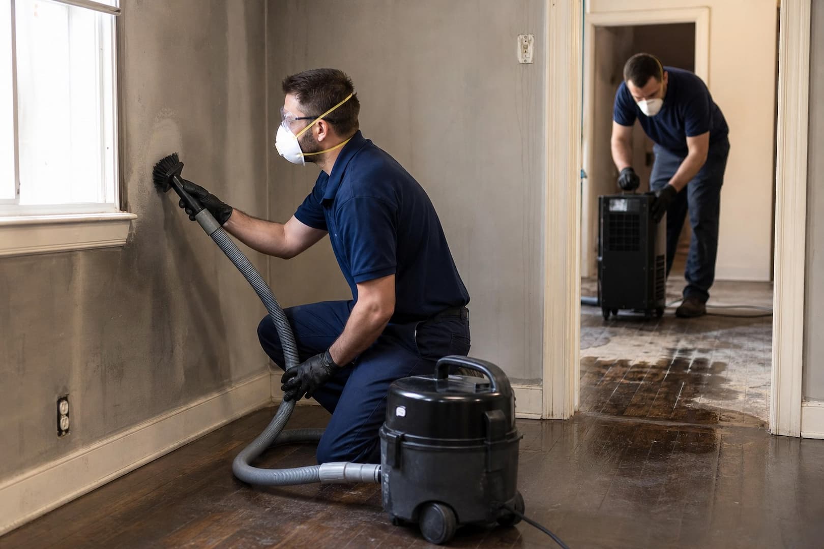 BRG fire restoration team cleaning smoke residue in a home before odor treatment — controlled restoration process