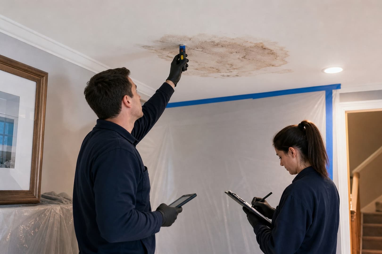 BRG technician checking moisture beneath a winter ceiling stain in a Boston-area home — controlled restoration process
