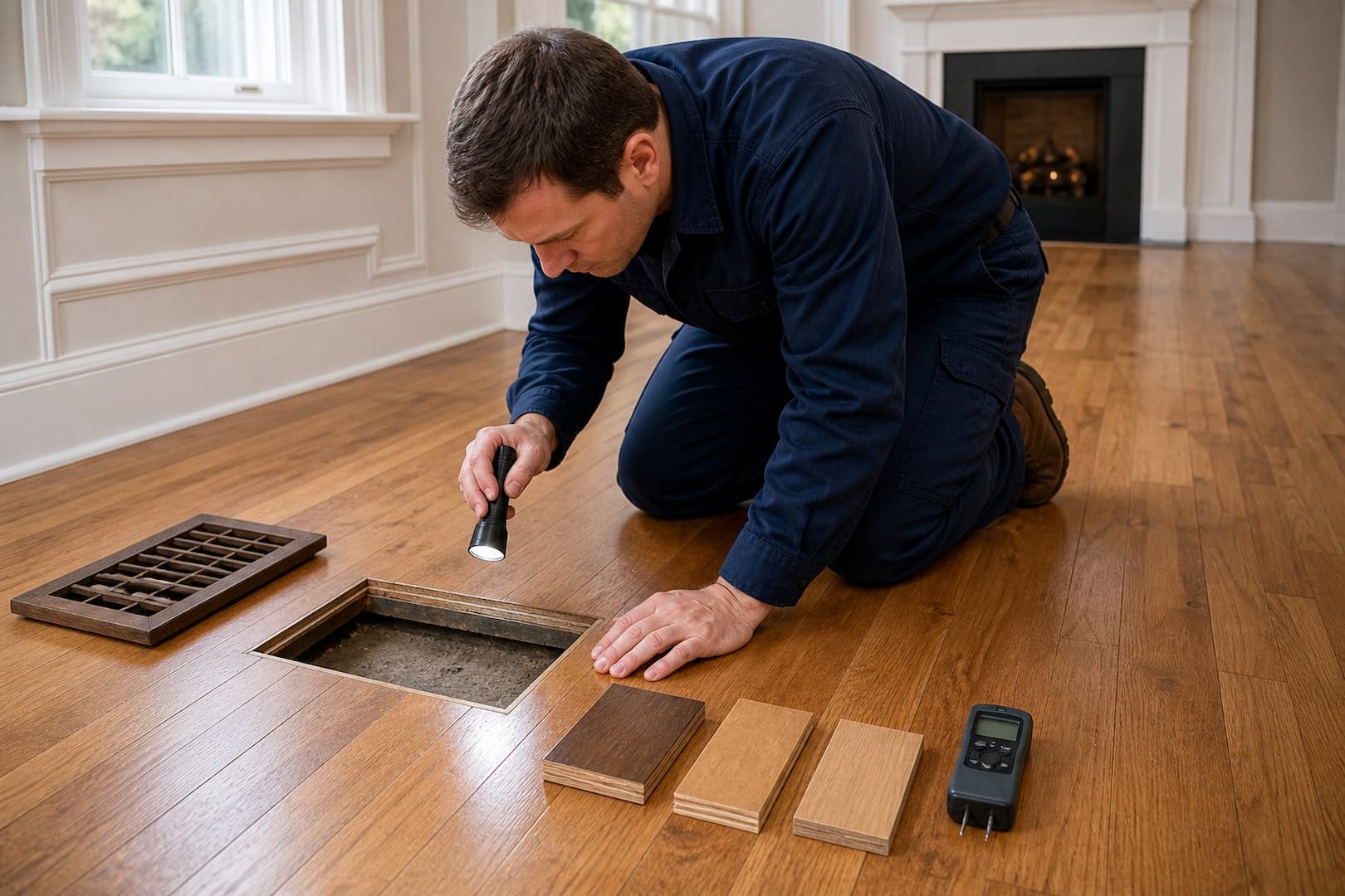 Comparison of solid engineered floating and parquet floor construction after water