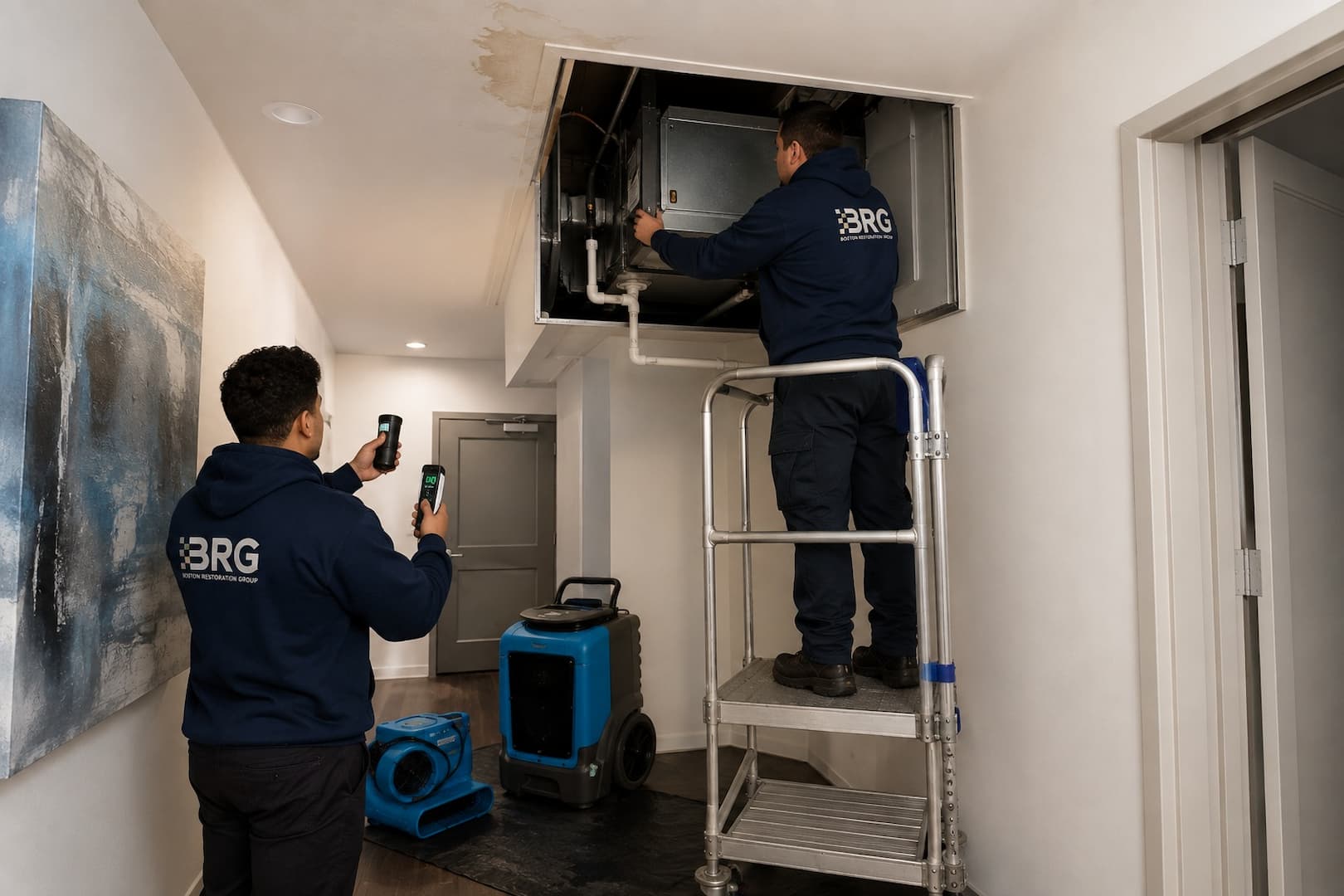 BRG technician assessing ceiling water damage from an AC condensate leak