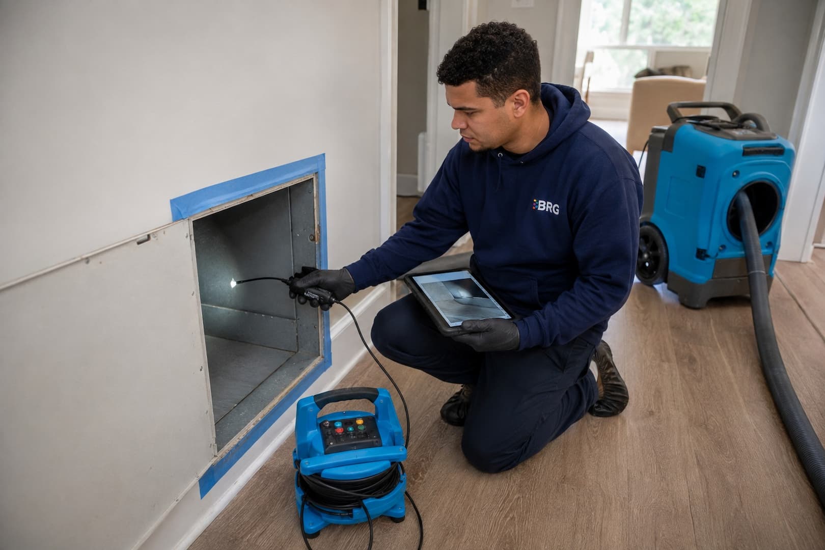 Inspection of an accessible air duct component after smoke or dust exposure