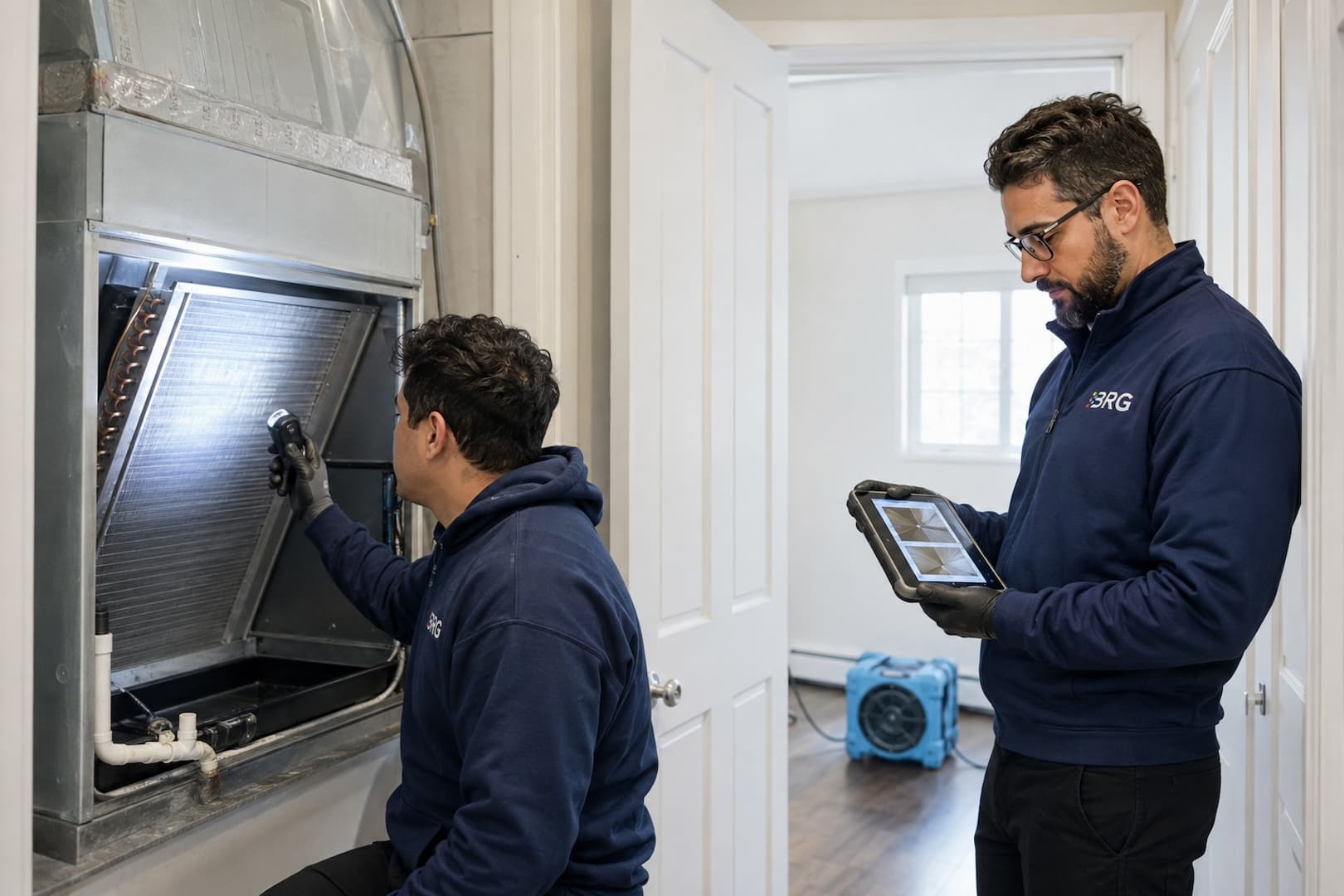 HVAC professional reviewing air handler coil and drain pan conditions
