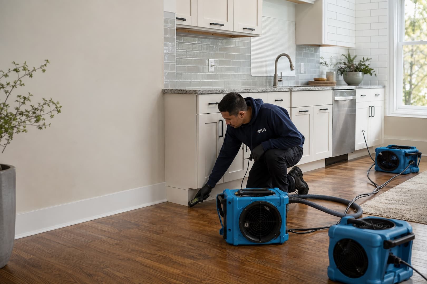 BRG specialist checking kitchen flooring after an appliance leak