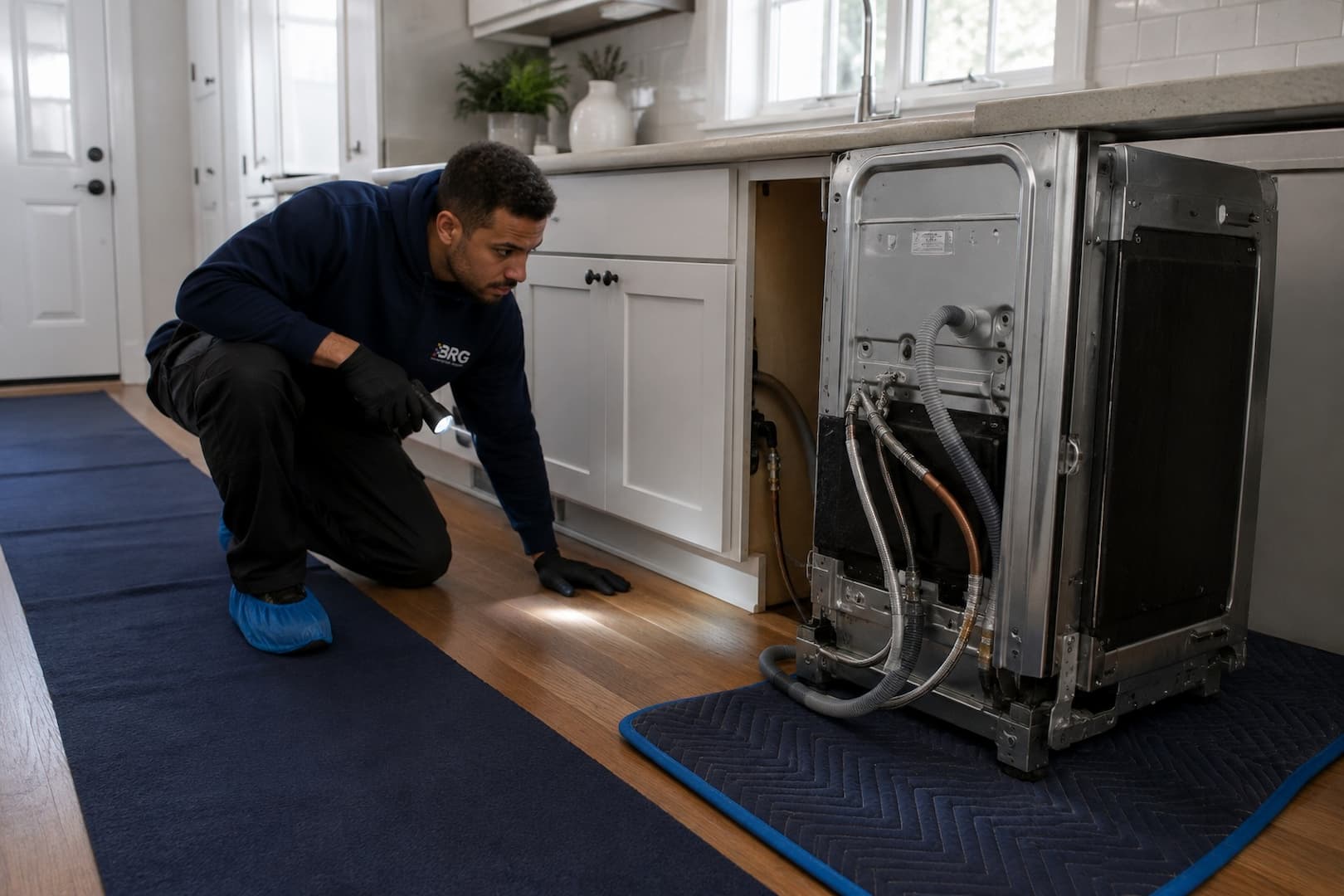 Technician tracing appliance leak moisture beneath cabinets