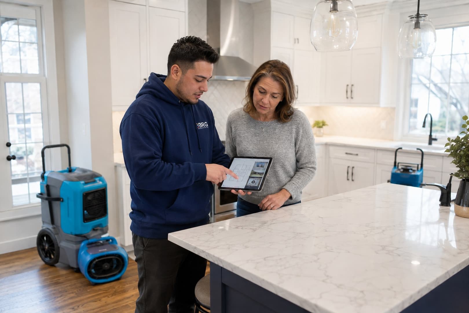 BRG technician reviewing cabinet and flooring conditions after a leak