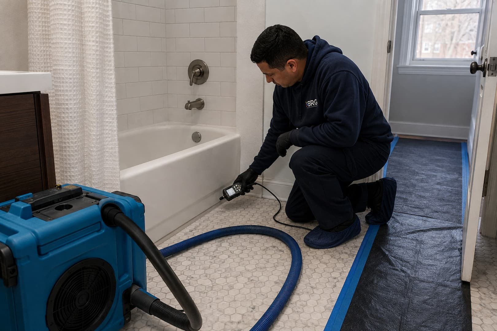 BRG assessing water damage after a bathtub overflow in Boston